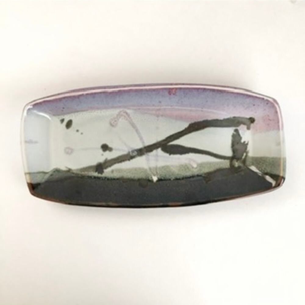 Studio Art Pottery Key Trinket Tray Plate 11x5" Abstract Brushstroke Glaze